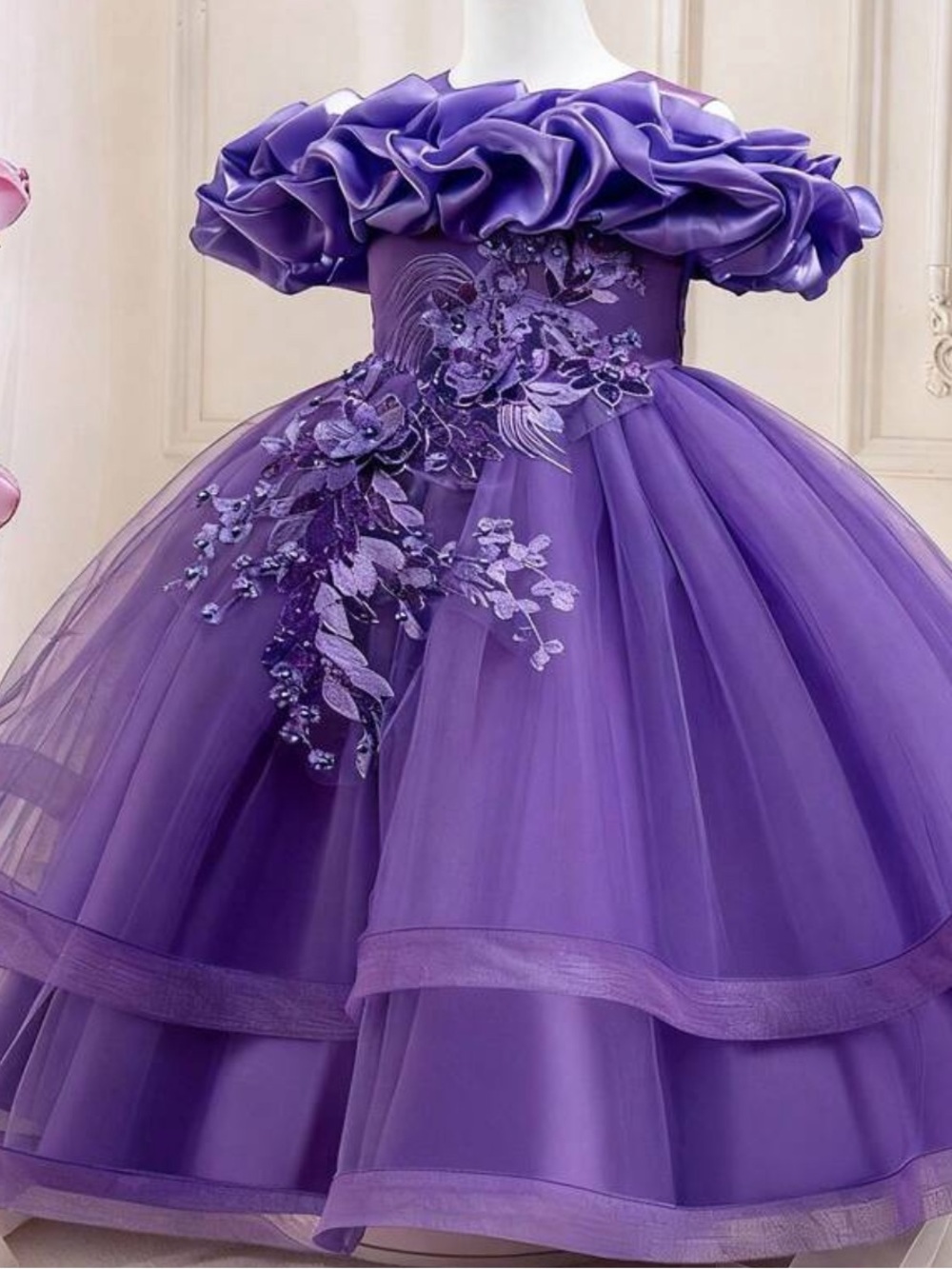 Violet Purple Girls' Party Dress with Floral Applique